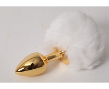 "Задорный Кролик" — золотистая анальная пробочка c белым хвостом, ⌀2.8 см