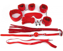 Большой игровой набор БДСМ, красный: наручники, оковы, маска, кляп, плеть, ошейник с поводком, верёвка, зажимы для сосков