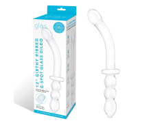 Изогнутый стеклянный фаллоимитатор 12’’ Girthy Ribbed G-Spot Glass Dildo With Handle Grip Double Ended