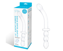 Изогнутый стеклянный фаллоимитатор 12’’ Girthy Ribbed G-Spot Glass Dildo With Handle Grip Double Ended