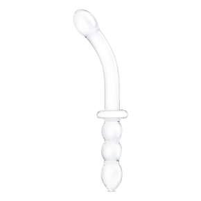 Изогнутый стеклянный фаллоимитатор 12’’ Girthy Ribbed G-Spot Glass Dildo With Handle Grip Double Ended