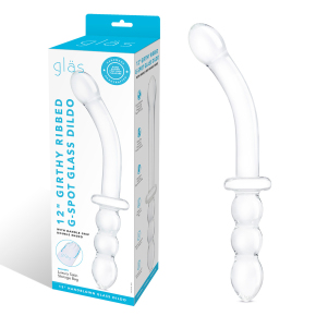 Изогнутый стеклянный фаллоимитатор 12’’ Girthy Ribbed G-Spot Glass Dildo With Handle Grip Double Ended