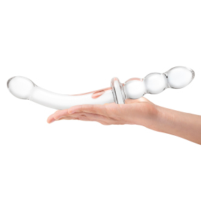 Изогнутый стеклянный фаллоимитатор 12’’ Girthy Ribbed G-Spot Glass Dildo With Handle Grip Double Ended