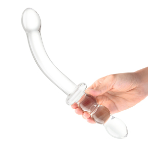 Изогнутый стеклянный фаллоимитатор 12’’ Girthy Ribbed G-Spot Glass Dildo With Handle Grip Double Ended
