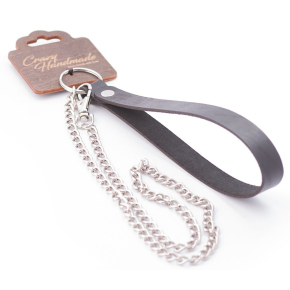 Серебристый металлический поводок с кожаной черной ручкой, 80 см