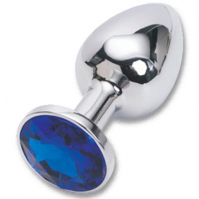 Серебристая анальная пробка из металла с синим кристаллом, ⌀2.8 см