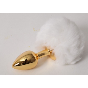 "Задорный Кролик" — золотистая анальная пробочка c белым хвостом, ⌀2.8 см