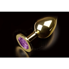 Золотистая анальная пробка с закругленным кончиком и фиолетовым кристаллом, 9×3.5 см