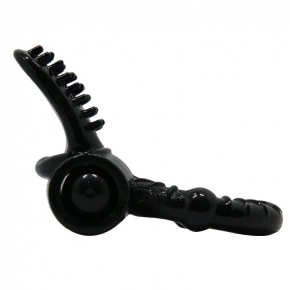 Чёрное эрекционное кольцо с вибрацией и щеточкой для клитора, ⌀ 2.7 см