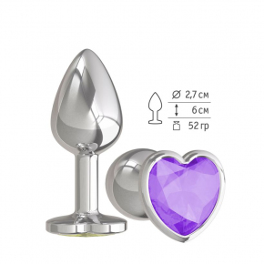 Серебристая анальная пробка с фиолетовым кристаллом-сердцем