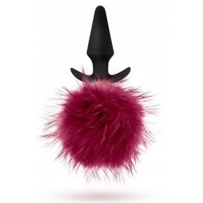 Fur Pom Pom — силиконовая анальная пробка с бордовым заячьим хвостом, ⌀3.6 см