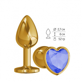 Золотистая анальная пробка с синим кристаллом-сердцем