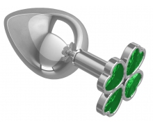 Серебристая анальная пробка-клевер с зеленым кристаллом
