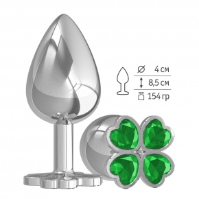 Серебристая анальная пробка-клевер с зеленым кристаллом