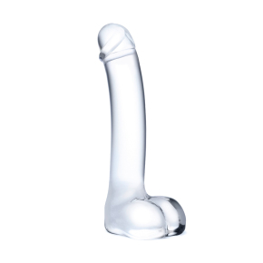 Стеклянный фаллос с мошонкой Glas Curved Glass G-Spot Dildo