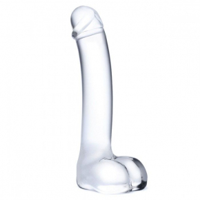 Стеклянный фаллос с мошонкой Glas Curved Glass G-Spot Dildo