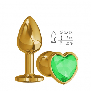 Золотистая анальная пробка с зеленым кристаллом-сердцем
