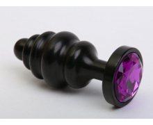 Черная фигурная анальная пробка с фиолетовым кристаллом, 8.2×3.5 см