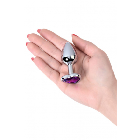 Серебристая анальная пробка с фиолетовым кристаллом-сердечком