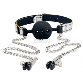 Кляп с зажимами на соски Breathable Ball Gag With Nipple Clamp