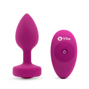 Вибропробка с кристаллом на пульте ДУ b-Vibe Vibrating Jewel Plug S/M, фуксия